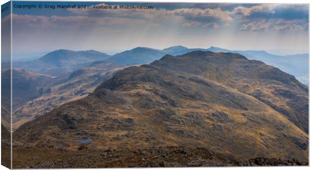 Three Tarns on Crinkle Crags from Bowfell, Lake District Canvas Print by Greg Marshall