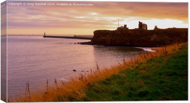 Sunset over Tynemouth Lighthouse, Priory and Castle ruins. Canvas Print by Greg Marshall