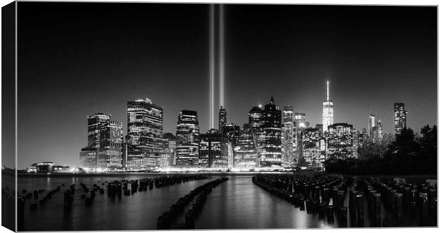 Manhattan Tribute in Light 9/11 Night  Canvas Print by Greg Marshall