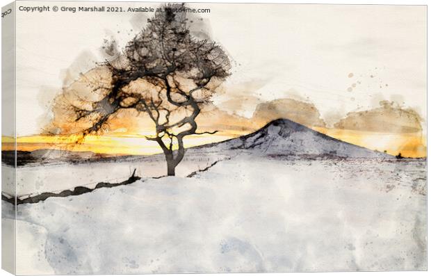 Winter Sunset Roseberry Topping Teesside Watercolo Canvas Print by Greg Marshall