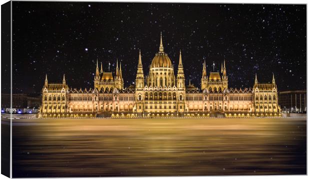 Budapest Parliament Building At Night Canvas Print by Andrew Squires