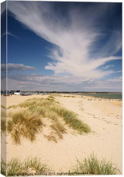 Dunes Beach Huts and Cloud Canvas Print by Phil Wareham