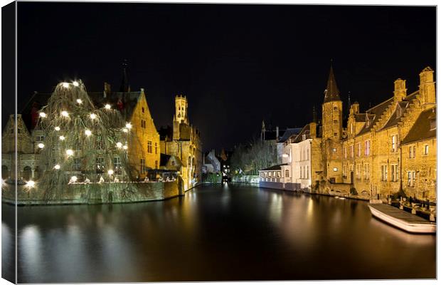 Bruges Dijver Canel At Night Canvas Print by Malcolm Wood