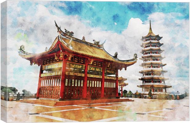Watercolor of a red chinese pagoda or temple at hi Canvas Print by Ankor Light