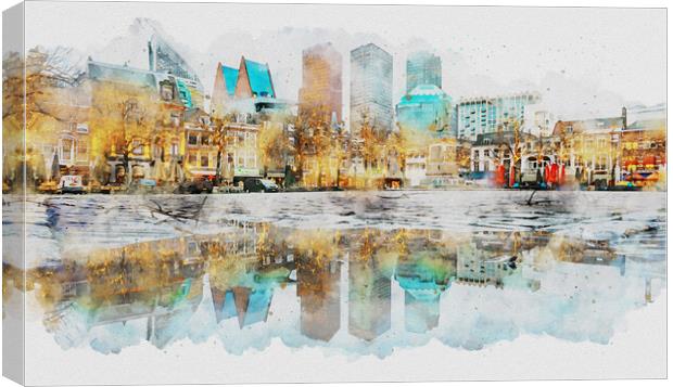 Watercolor of The Hague city reflection Canvas Print by Ankor Light