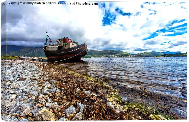 Fishing boat aground near Fort William Canvas Print by Andy Anderson
