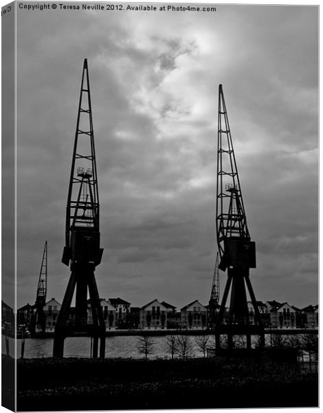 Cranes at London Docklands Canvas Print by Teresa Neville