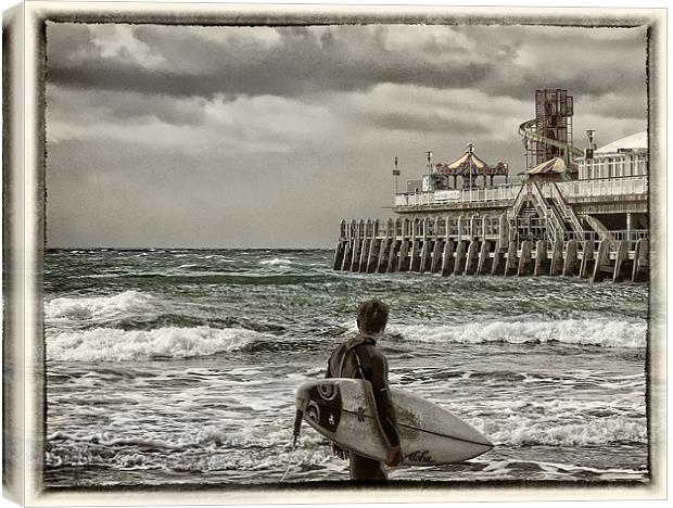 Surfer by Pier Canvas Print by Jennie Franklin