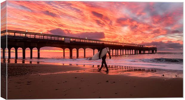 Surfer at Sunrise Bournemouth Beach Canvas Print by Jennie Franklin