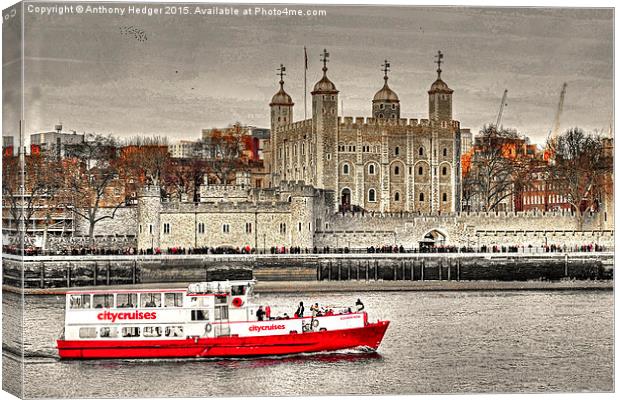  The Little Red Boat and The Tower of London Canvas Print by Anthony Hedger