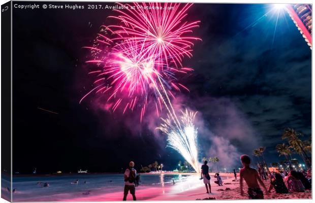 Fireworks on Waikiki beach Canvas Print by Steve Hughes