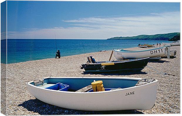 Beesands beach, fisherman and boats Canvas Print by Simon Armstrong