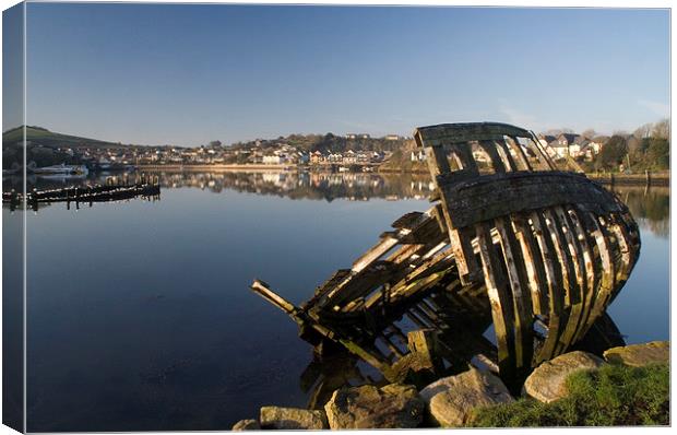 Boat wreck, Hooe Lake, Plymouth Canvas Print by Simon Armstrong