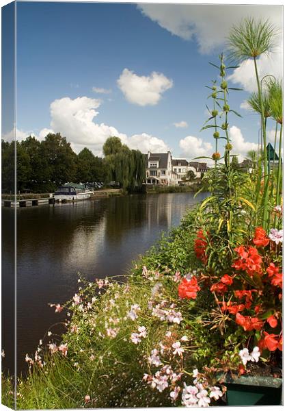 A flower display on the riverbank, Pontivy, France Canvas Print by Simon Armstrong