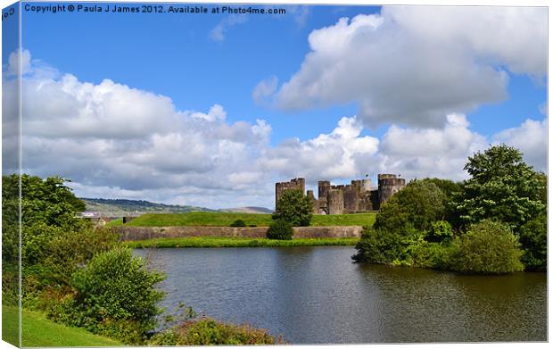 Caerphilly Castle with moat Canvas Print by Paula J James