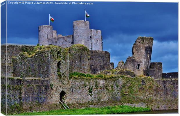 Stormy skies at Caerphilly Castle Canvas Print by Paula J James
