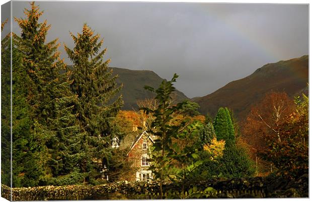 Autumn and a Rainbow in Grassmere in the Lake Dist Canvas Print by JEAN FITZHUGH