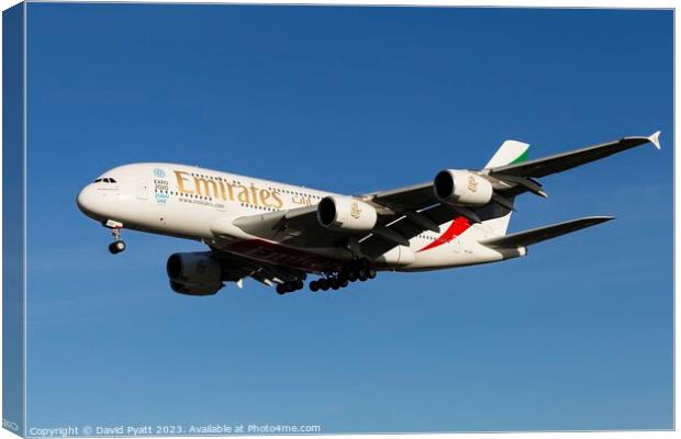 Emirates Airbus A380-861   Canvas Print by David Pyatt
