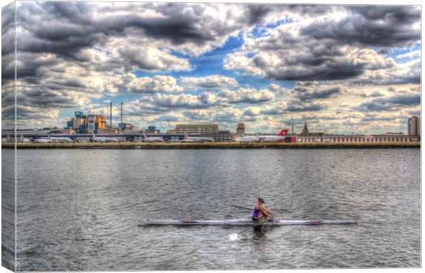 London City Airport Sculler Canvas Print by David Pyatt