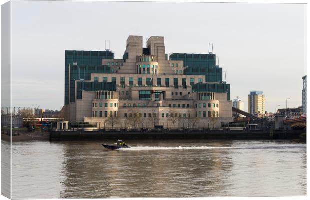 SIS Secret Service Building London And Rib Boat Canvas Print by David Pyatt