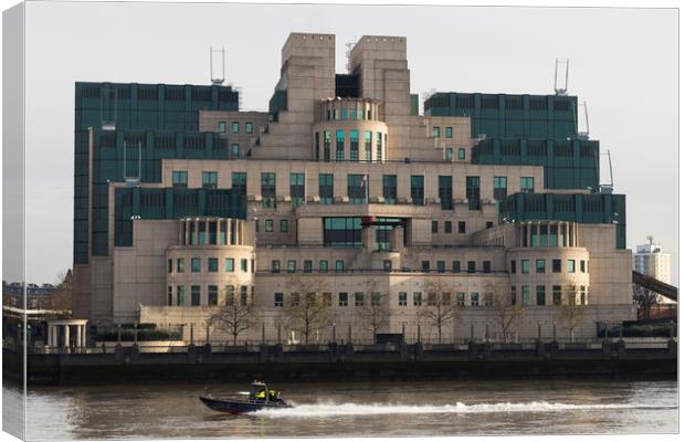 SIS Secret Service Building London And Rib Boat Canvas Print by David Pyatt