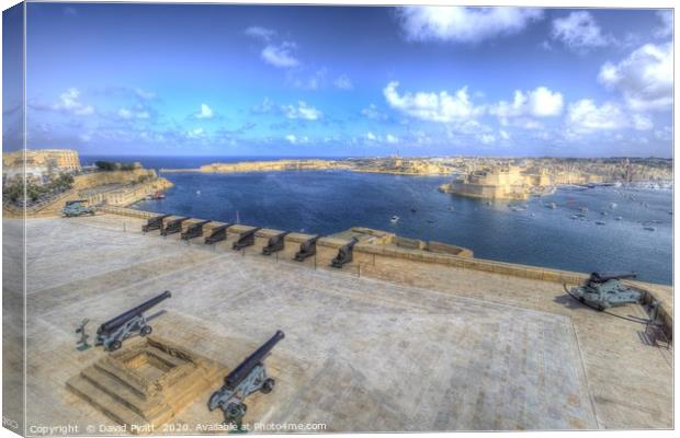 Cannons Valletta Harbour  Canvas Print by David Pyatt