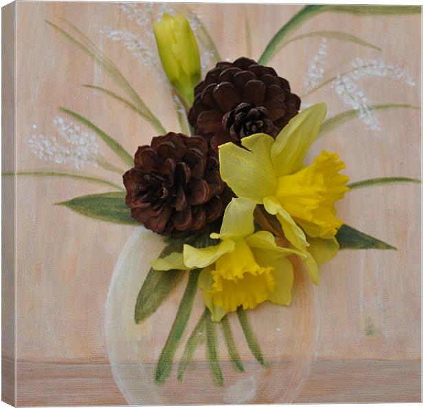 daffs and pine cones 3D Canvas Print by sue davies