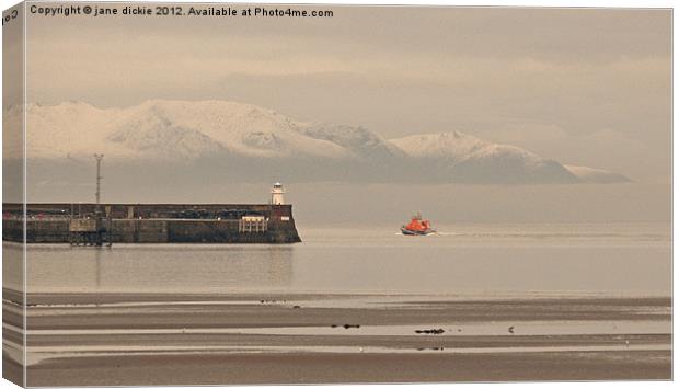 Troon lifeboat and Arran hills Canvas Print by jane dickie
