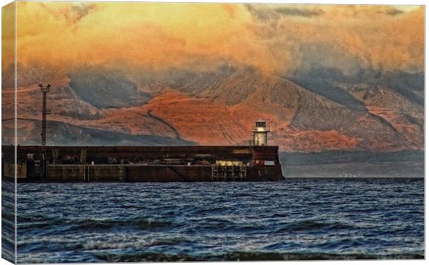Troon lighthouse and Arran hills Canvas Print by jane dickie