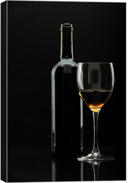 bottle of wine and wineglass over black, Canvas Print by Josep M Peñalver
