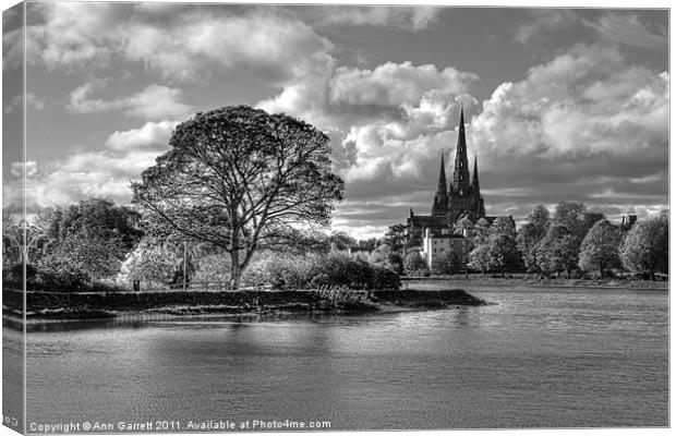 Stowe Pool and Lichfield Cathedral - Mono Canvas Print by Ann Garrett