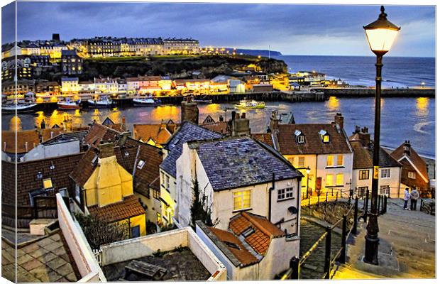 Dusk Glows Over Whitby Town from the 199 Steps Canvas Print by Paul M Baxter