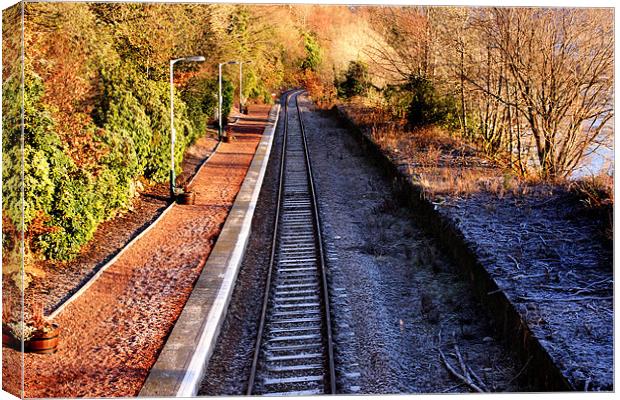 Snowy Train Tracks at Lock Awe, Scotland Canvas Print by Elaine Steed