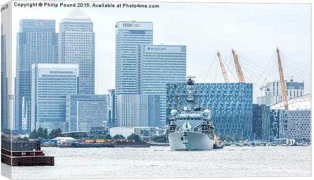 Royal Navy Warship at Canary Wharf in London Canvas Print by Philip Pound