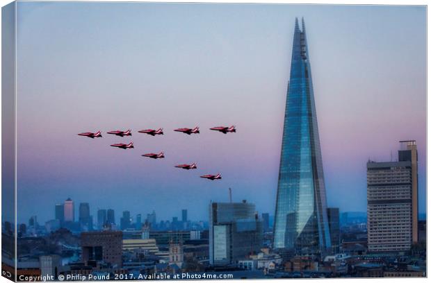 Red Arrows Fly Past Over The Shard and Docklands Canvas Print by Philip Pound
