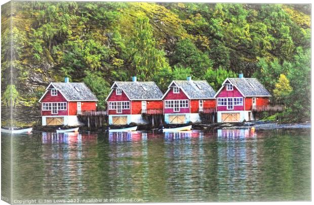 Red Boathouses at Flåm Canvas Print by Ian Lewis