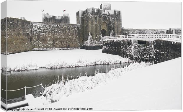 Caerphilly Castle on a snowy day Canvas Print by Hazel Powell