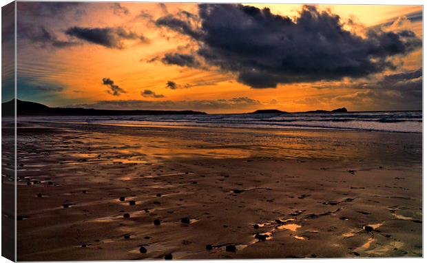 Sunset over Rhossili Bay, Gower Canvas Print by Hazel Powell