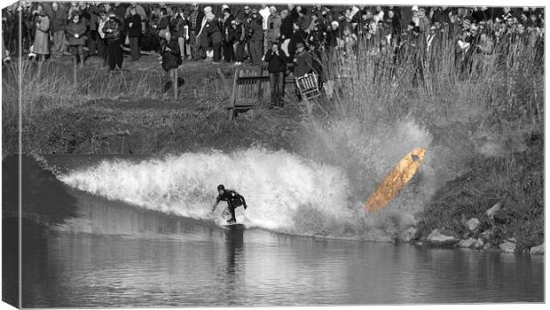 Brave surfer crashing wave Severn Bore  Canvas Print by mark humpage