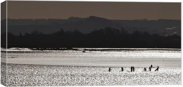 Surfers on Severn Bore Canvas Print by mark humpage
