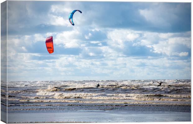 Kite Surfing on Ainsdale Beach, Southport Canvas Print by Peter Jarvis