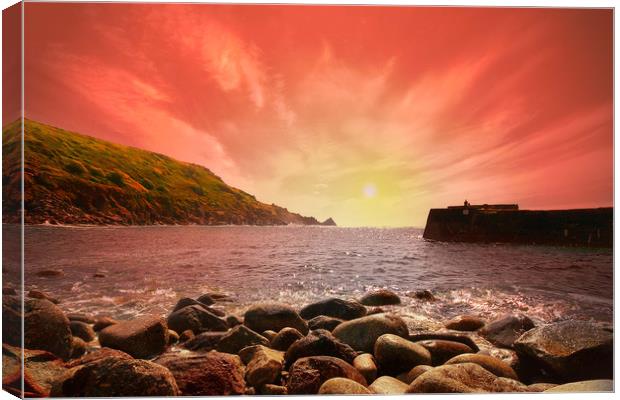 Cornish Sunset in Lamorna Cove Canvas Print by Rob Lester
