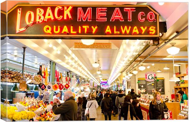 PIKES WALK Pikes Place Public Market Loback Meat C Canvas Print by Andy Smy