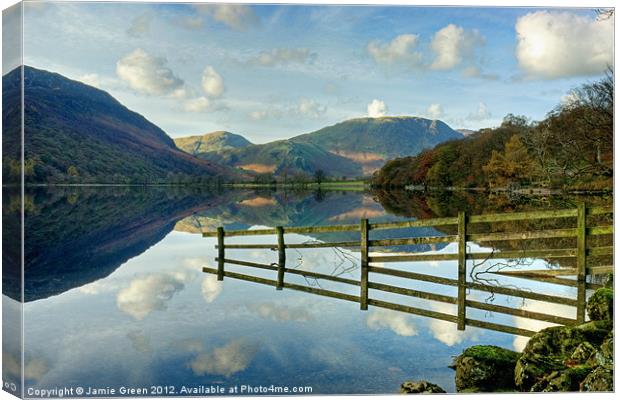 Fence Reflections In Buttermere Canvas Print by Jamie Green