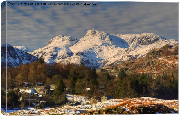 Elterwater And The Langdale Pikes Canvas Print by Jamie Green