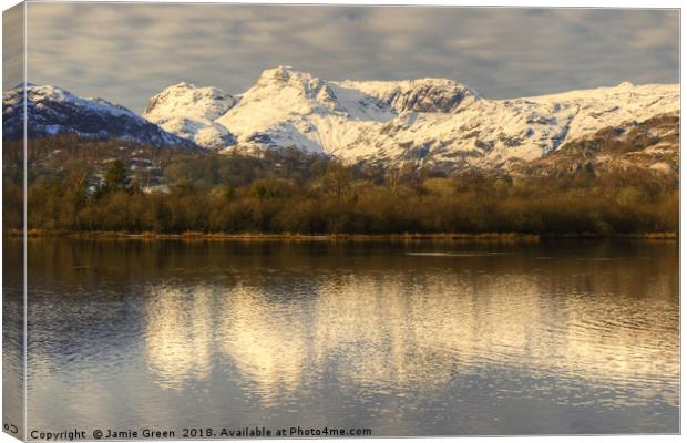 The Langdale Pikes across Elterwater Canvas Print by Jamie Green