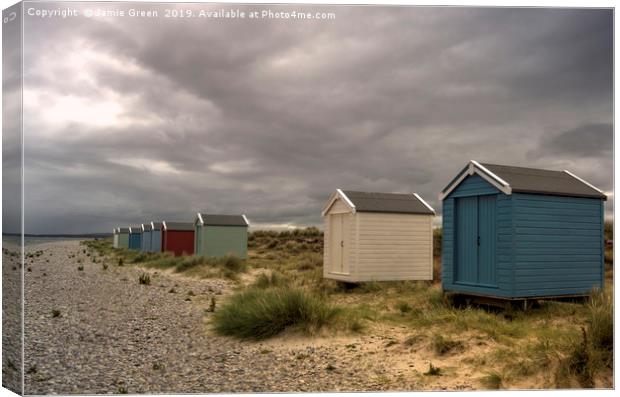 Findhorn Beach Huts Canvas Print by Jamie Green