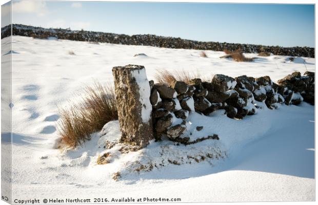 Snow Covered Gatepost Canvas Print by Helen Northcott