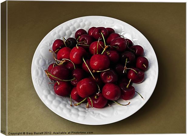 Cherries White Bowl On Yellow Canvas Print by Gary Barratt