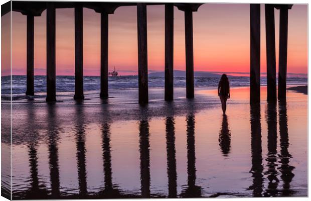 Huntingdon Beach Pier Silhouette at sunset Canvas Print by Maggie McCall